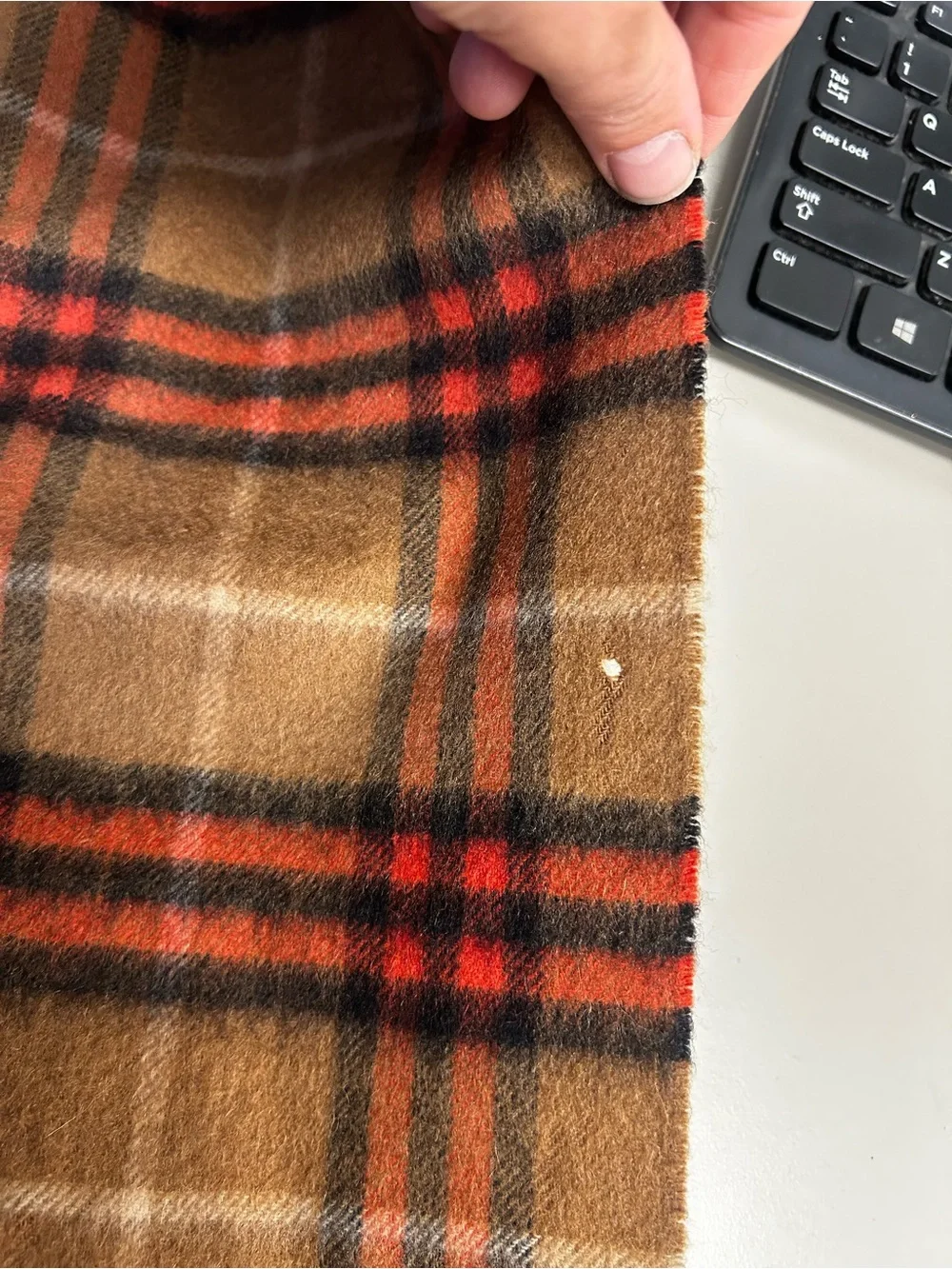 Burberry Camel Plaid Cashmere Scarf with Red and Black Accents